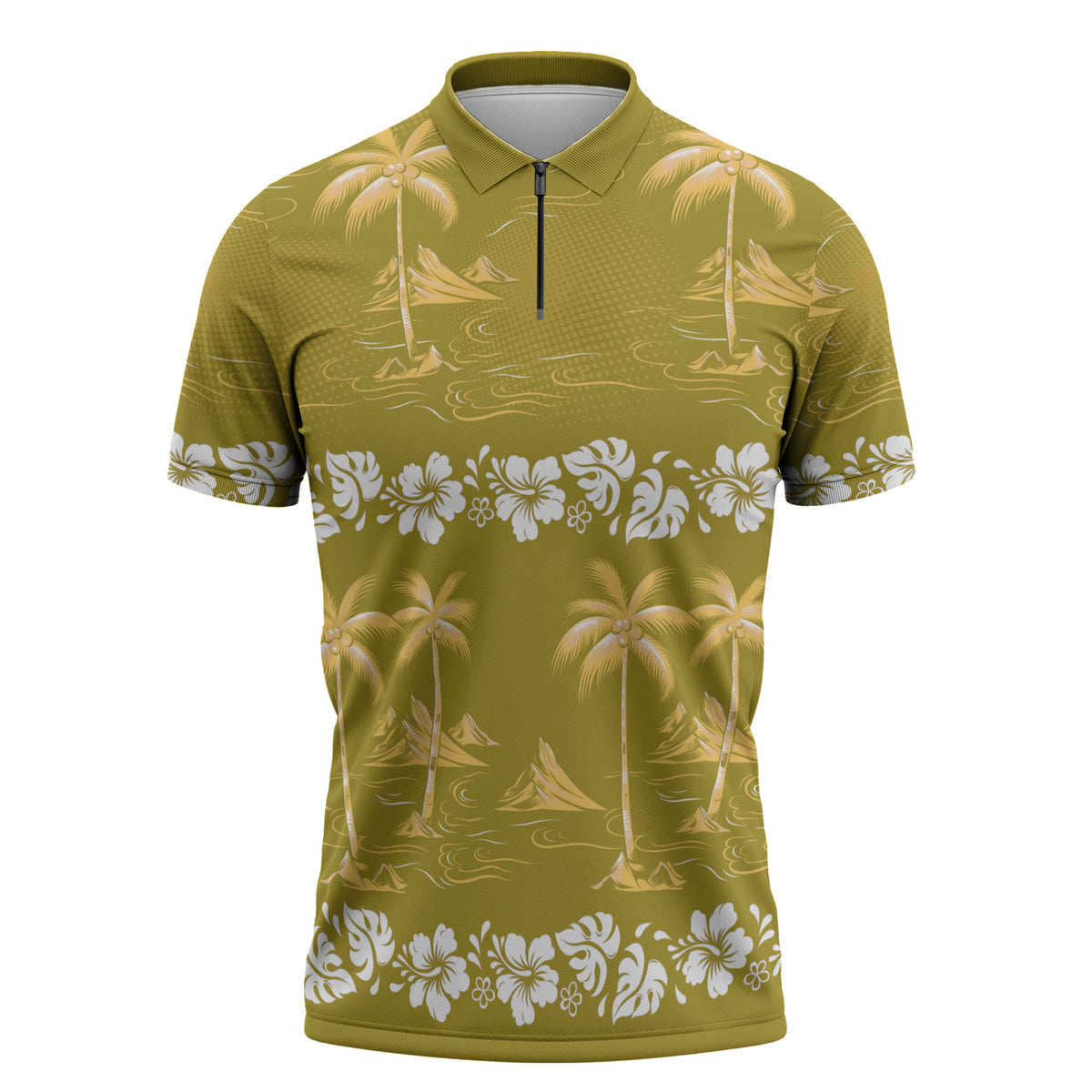 Yellow Hawaii Palm Tree Hibiscus Zipper Polo Shirt Fantasy Summer Vibe LT01 Yellow - Polynesian Pride