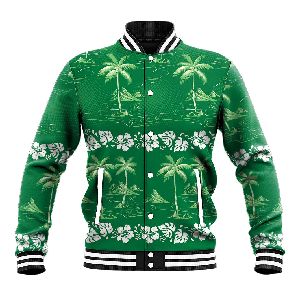 Green Hawaii Palm Tree Hibiscus Baseball Jacket Fantasy Summer Vibe