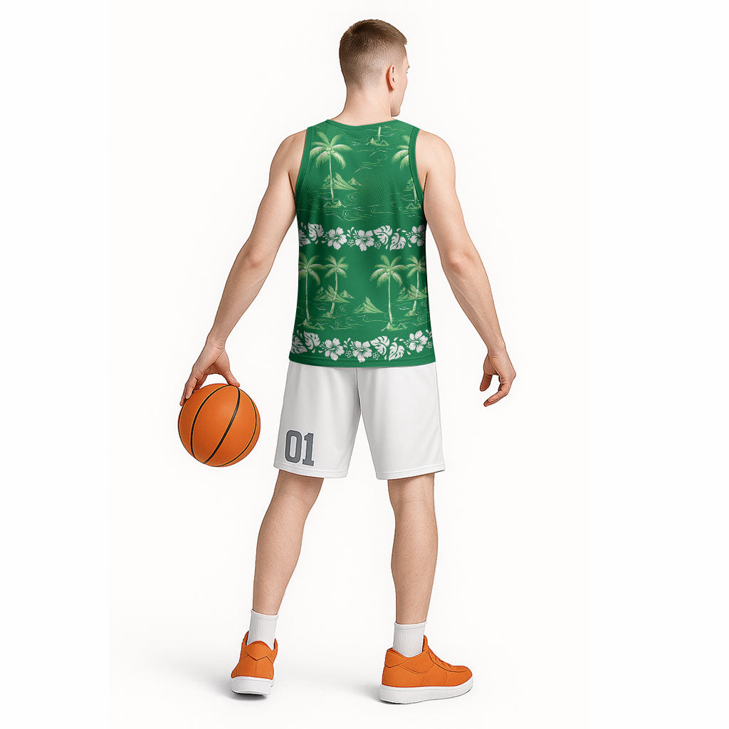 Green Hawaii Palm Tree Hibiscus Basketball Jersey Fantasy Summer Vibe LT01 - Polynesian Pride
