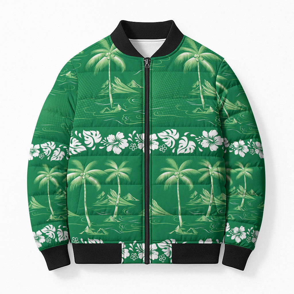 Green Hawaii Palm Tree Hibiscus Bomber Puffer Jacket Fantasy Summer Vibe LT01 Unisex Green - Polynesian Pride