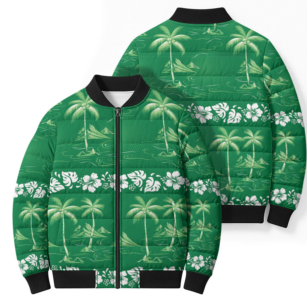 Green Hawaii Palm Tree Hibiscus Bomber Puffer Jacket Fantasy Summer Vibe LT01 - Polynesian Pride
