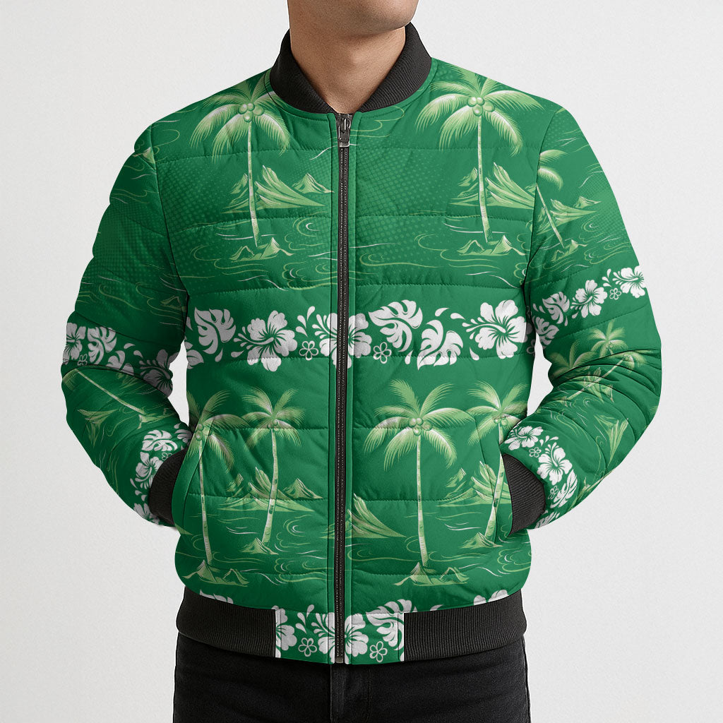 Green Hawaii Palm Tree Hibiscus Bomber Puffer Jacket Fantasy Summer Vibe LT01 - Polynesian Pride