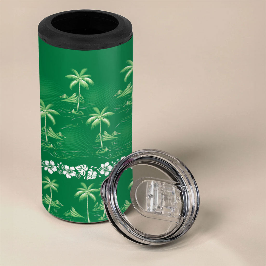 Green Hawaii Palm Tree Hibiscus 4 in 1 Can Cooler Tumbler Fantasy Summer Vibe LT01 - Polynesian Pride