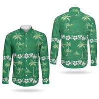 Green Hawaii Palm Tree Hibiscus Couples Matching Long Sleeve Bodycon Dress and Long Sleeve Button Shirt Fantasy Summer Vibe LT01 - Polynesian Pride