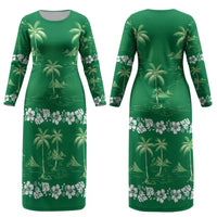 Green Hawaii Palm Tree Hibiscus Couples Matching Long Sleeve Bodycon Dress and Long Sleeve Button Shirt Fantasy Summer Vibe LT01 - Polynesian Pride
