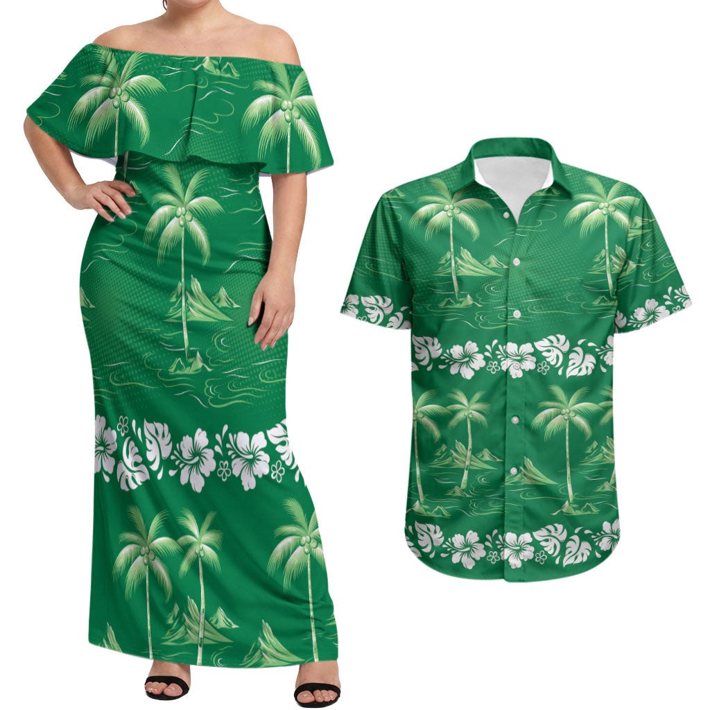 Green Hawaii Palm Tree Hibiscus Couples Matching Off Shoulder Maxi Dress and Hawaiian Shirt Fantasy Summer Vibe LT01 Green - Polynesian Pride