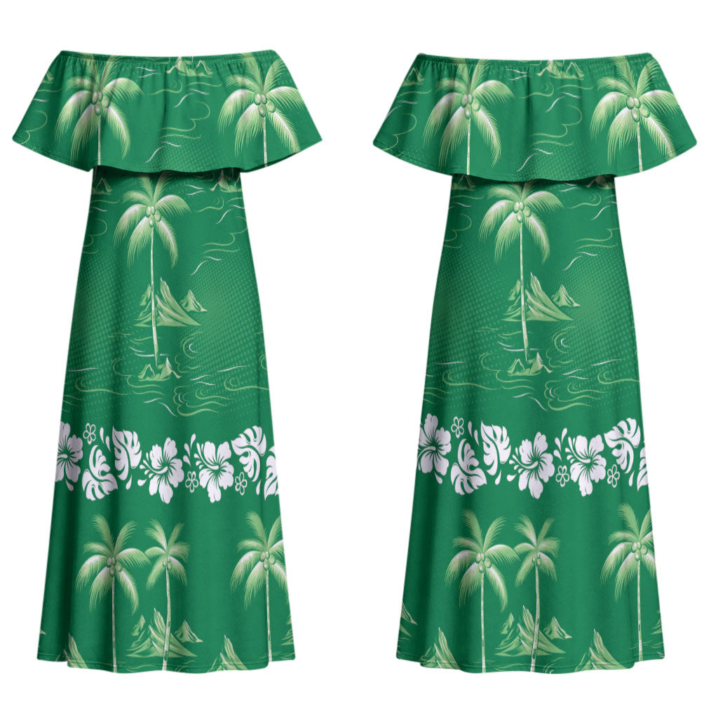 Green Hawaii Palm Tree Hibiscus Couples Matching Off Shoulder Maxi Dress and Hawaiian Shirt Fantasy Summer Vibe LT01 - Polynesian Pride