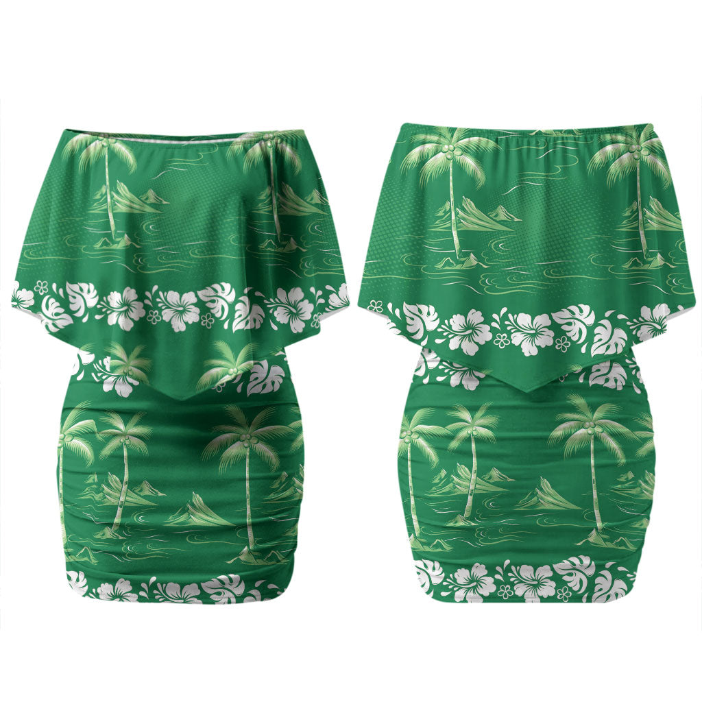 Green Hawaii Palm Tree Hibiscus Couples Matching Off Shoulder Short Dress and Hawaiian Shirt Fantasy Summer Vibe LT01 - Polynesian Pride