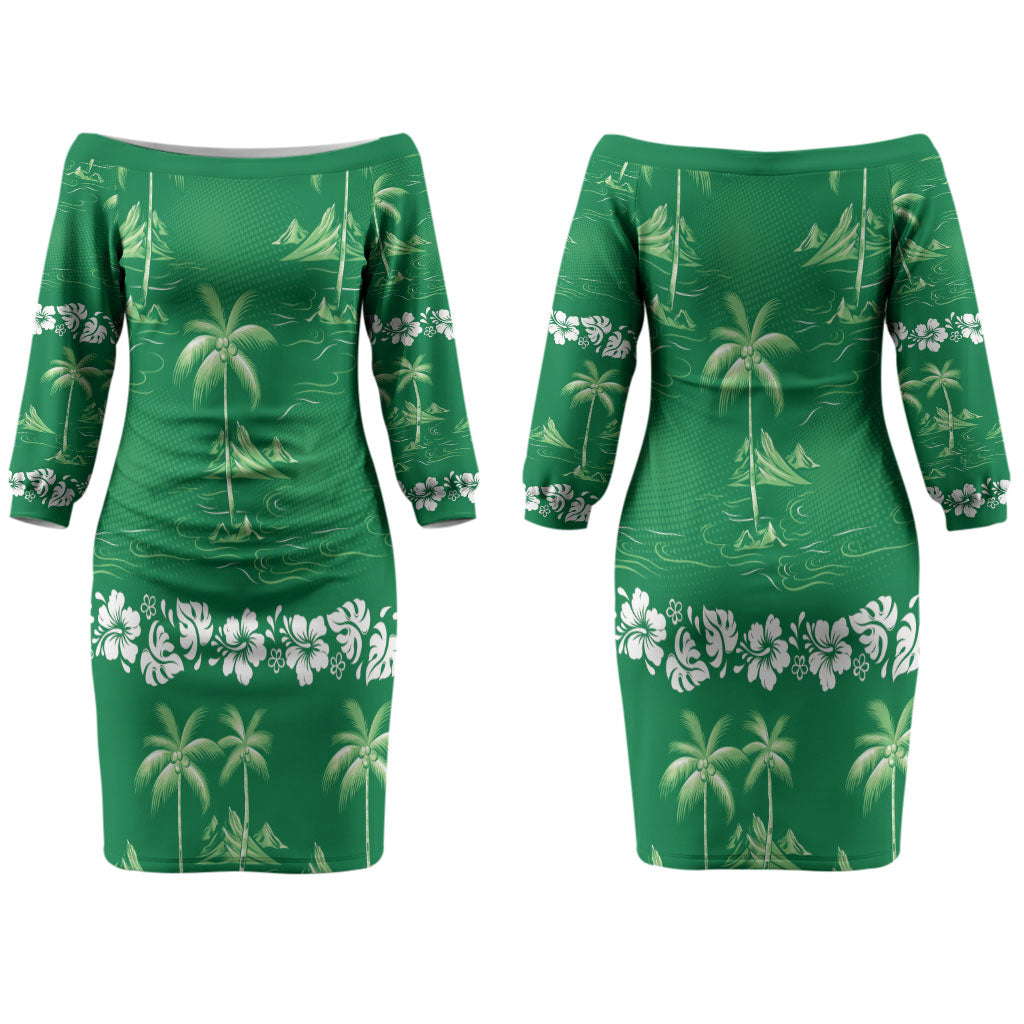 Green Hawaii Palm Tree Hibiscus Couples Matching Off The Shoulder Long Sleeve Dress and Long Sleeve Button Shirt Fantasy Summer Vibe LT01 - Polynesian Pride
