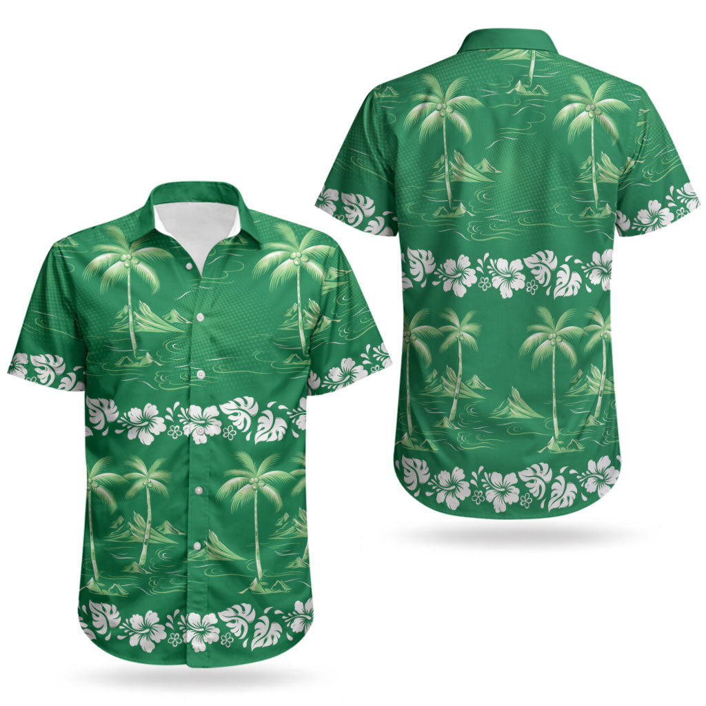 Green Hawaii Palm Tree Hibiscus Couples Matching Puletasi and Hawaiian Shirt Fantasy Summer Vibe