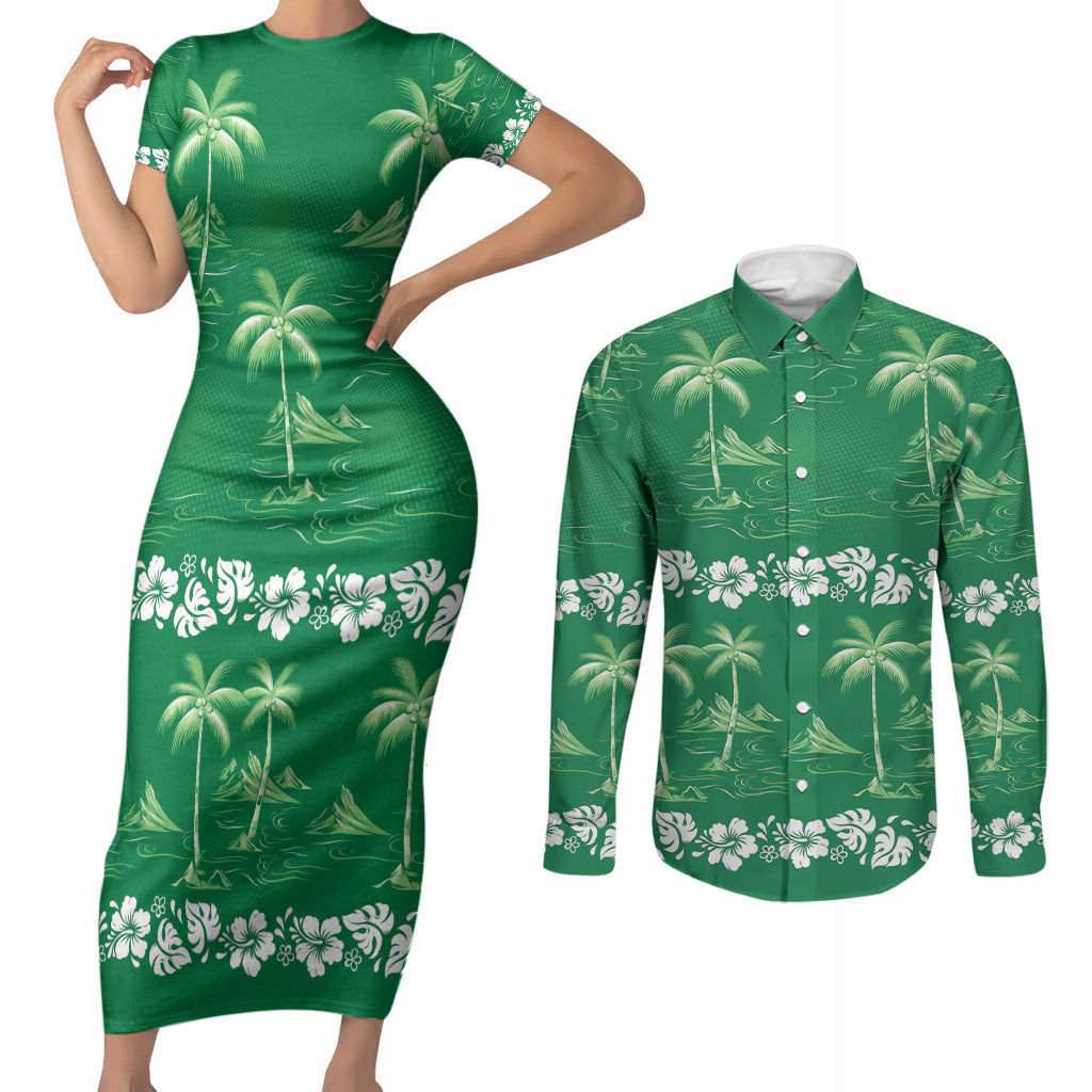 Green Hawaii Palm Tree Hibiscus Couples Matching Short Sleeve Bodycon Dress and Long Sleeve Button Shirt Fantasy Summer Vibe LT01 Green - Polynesian Pride