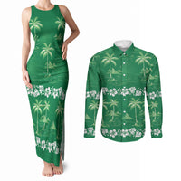 Green Hawaii Palm Tree Hibiscus Couples Matching Tank Maxi Dress and Long Sleeve Button Shirt Fantasy Summer Vibe LT01 Green - Polynesian Pride