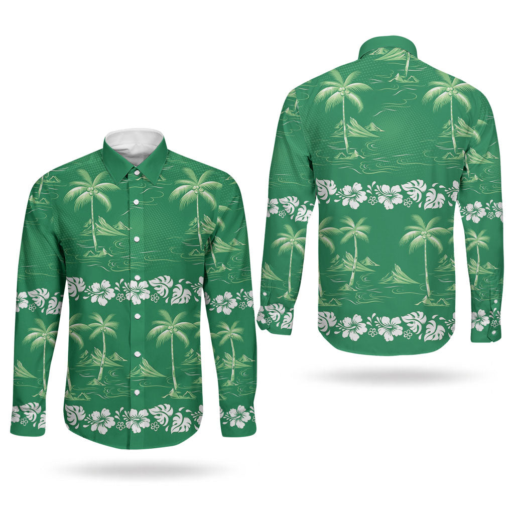Green Hawaii Palm Tree Hibiscus Couples Matching Tank Maxi Dress and Long Sleeve Button Shirt Fantasy Summer Vibe LT01 - Polynesian Pride