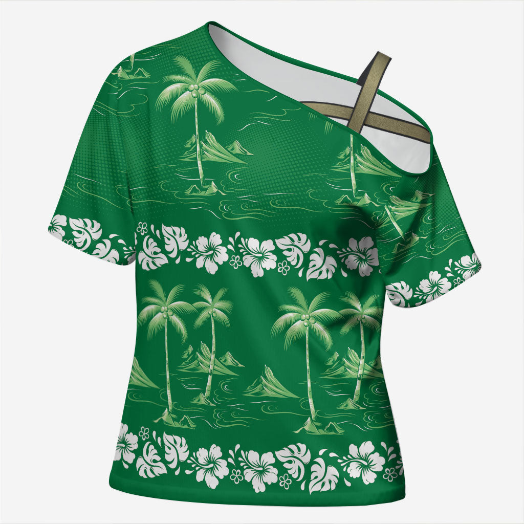 Green Hawaii Palm Tree Hibiscus Cross Shoulder Shirt Fantasy Summer Vibe LT01 Female Green - Polynesian Pride