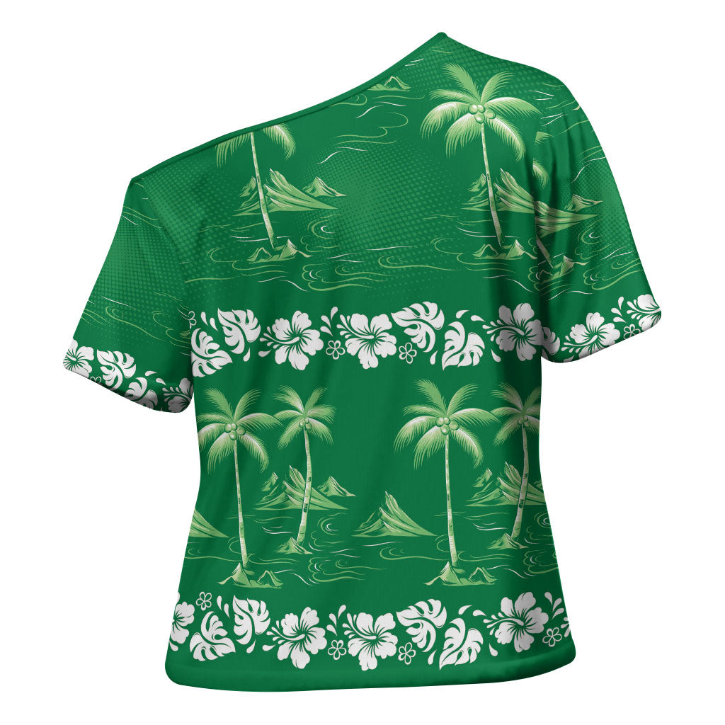 Green Hawaii Palm Tree Hibiscus Cross Shoulder Shirt Fantasy Summer Vibe LT01 - Polynesian Pride