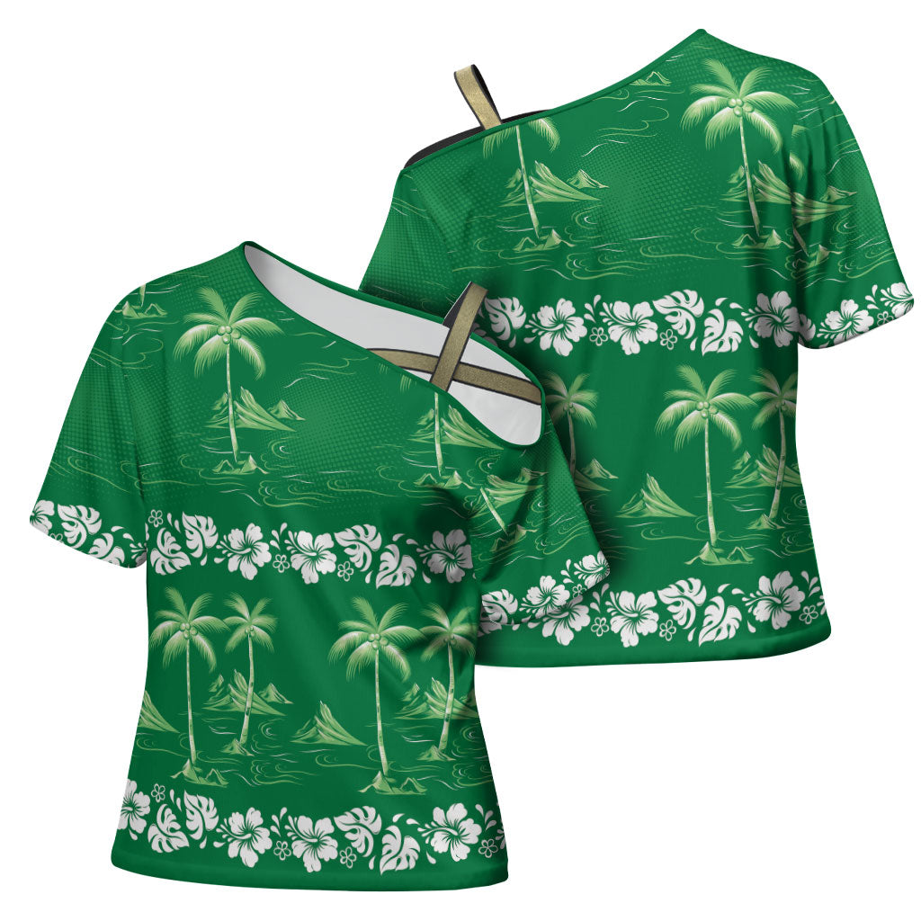 Green Hawaii Palm Tree Hibiscus Cross Shoulder Shirt Fantasy Summer Vibe LT01 - Polynesian Pride
