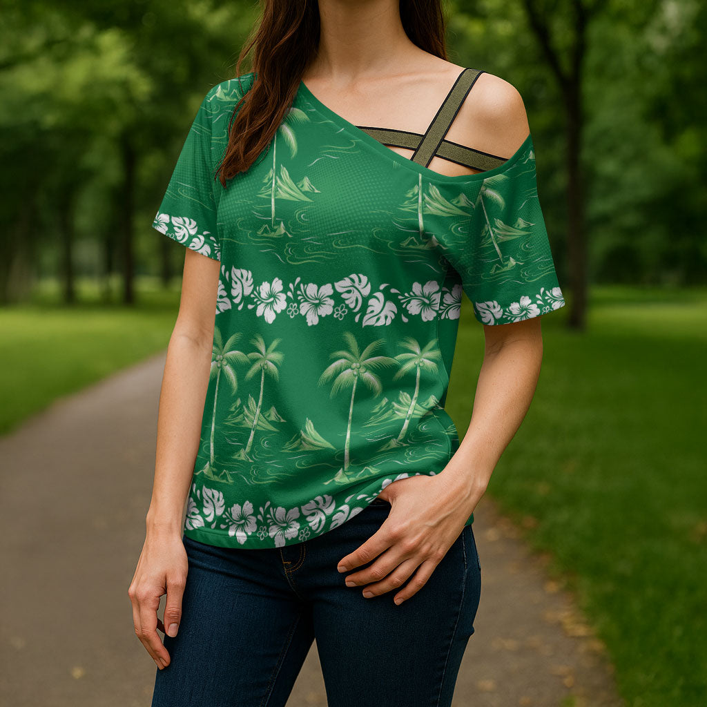 Green Hawaii Palm Tree Hibiscus Cross Shoulder Shirt Fantasy Summer Vibe LT01 - Polynesian Pride