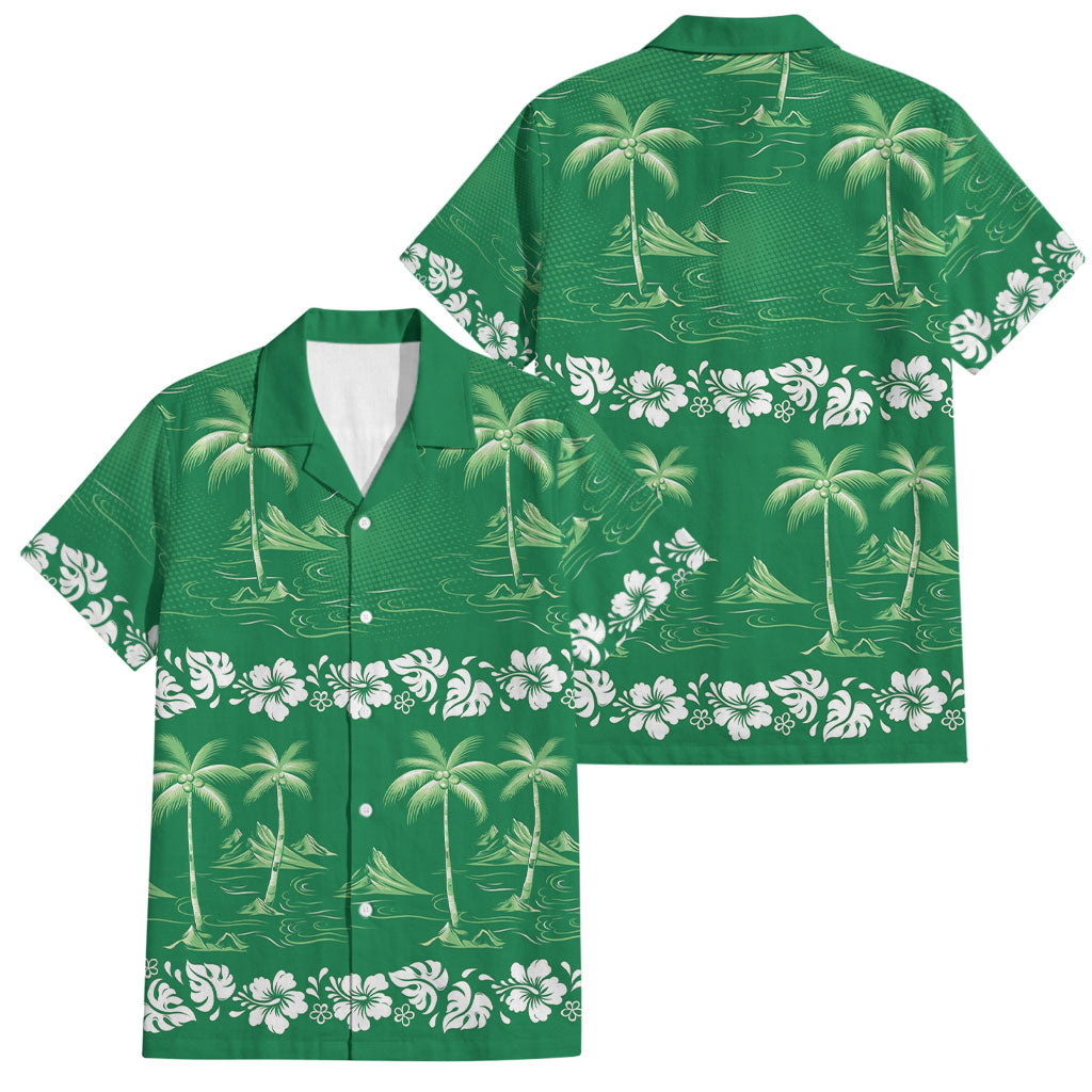 Green Hawaii Palm Tree Hibiscus Family Matching Off The Shoulder Long Sleeve Dress and Hawaiian Shirt Fantasy Summer Vibe LT01 Dad's Shirt - Short Sleeve Green - Polynesian Pride
