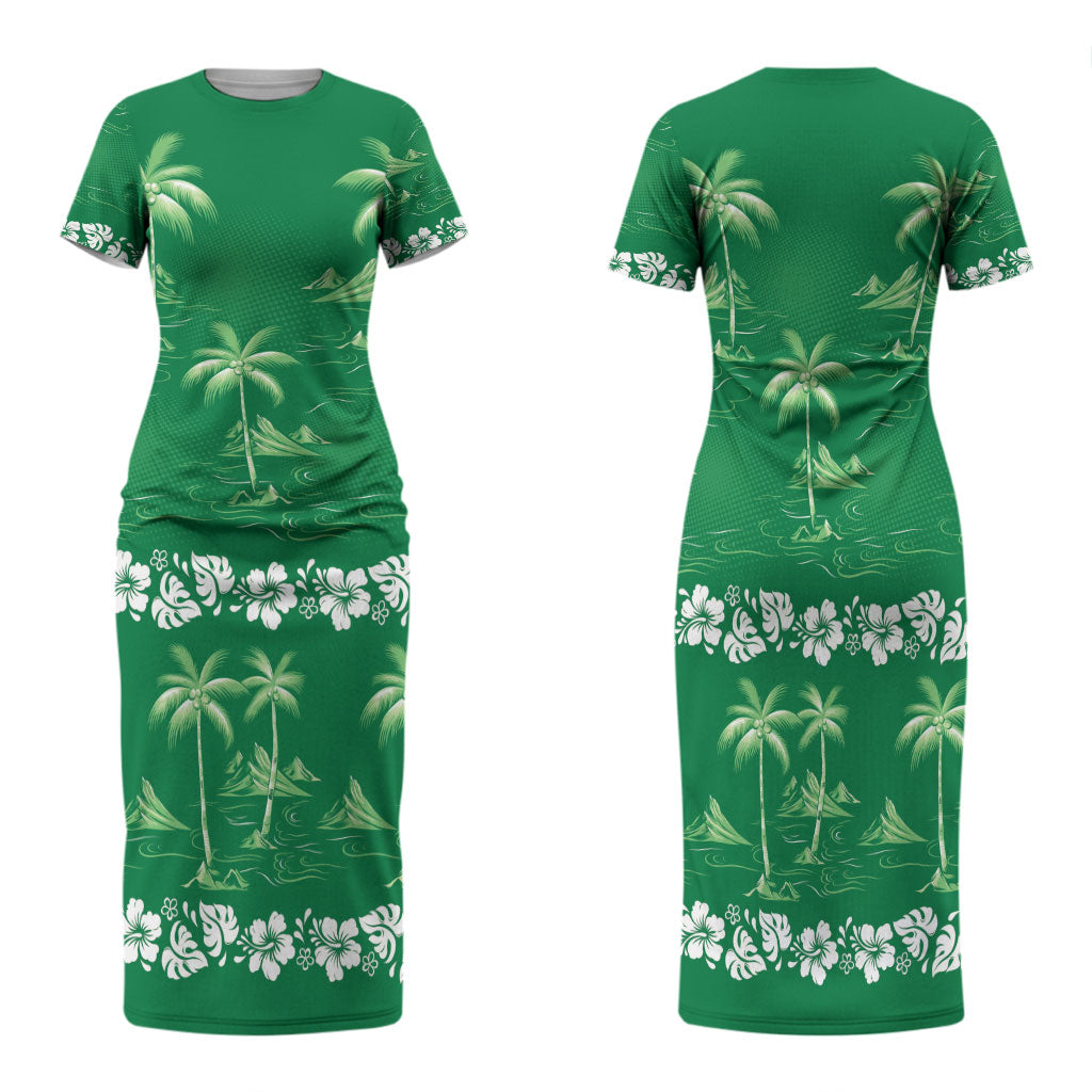 Green Hawaii Palm Tree Hibiscus Family Matching Short Sleeve Bodycon Dress and Hawaiian Shirt Fantasy Summer Vibe LT01 Mom's Dress Green - Polynesian Pride