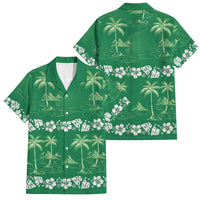 Green Hawaii Palm Tree Hibiscus Family Matching Short Sleeve Bodycon Dress and Hawaiian Shirt Fantasy Summer Vibe LT01 Dad's Shirt - Short Sleeve Green - Polynesian Pride