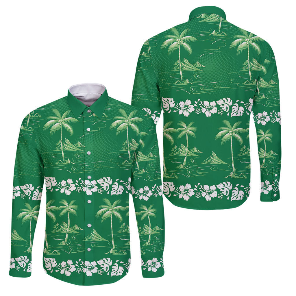 Green Hawaii Palm Tree Hibiscus Family Matching Short Sleeve Bodycon Dress and Hawaiian Shirt Fantasy Summer Vibe LT01 Dad's Shirt - Long Sleeve Green - Polynesian Pride