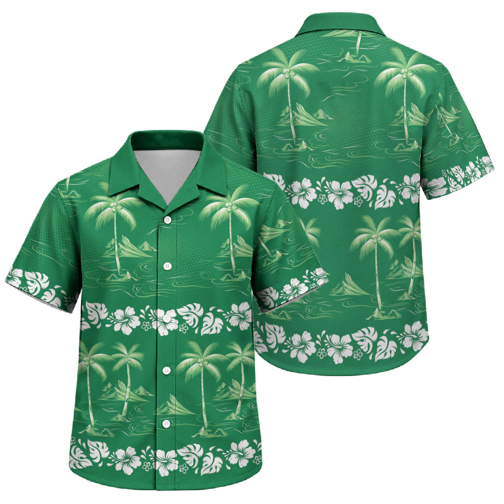 Green Hawaii Palm Tree Hibiscus Family Matching Short Sleeve Bodycon Dress and Hawaiian Shirt Fantasy Summer Vibe LT01 Son's Shirt Green - Polynesian Pride