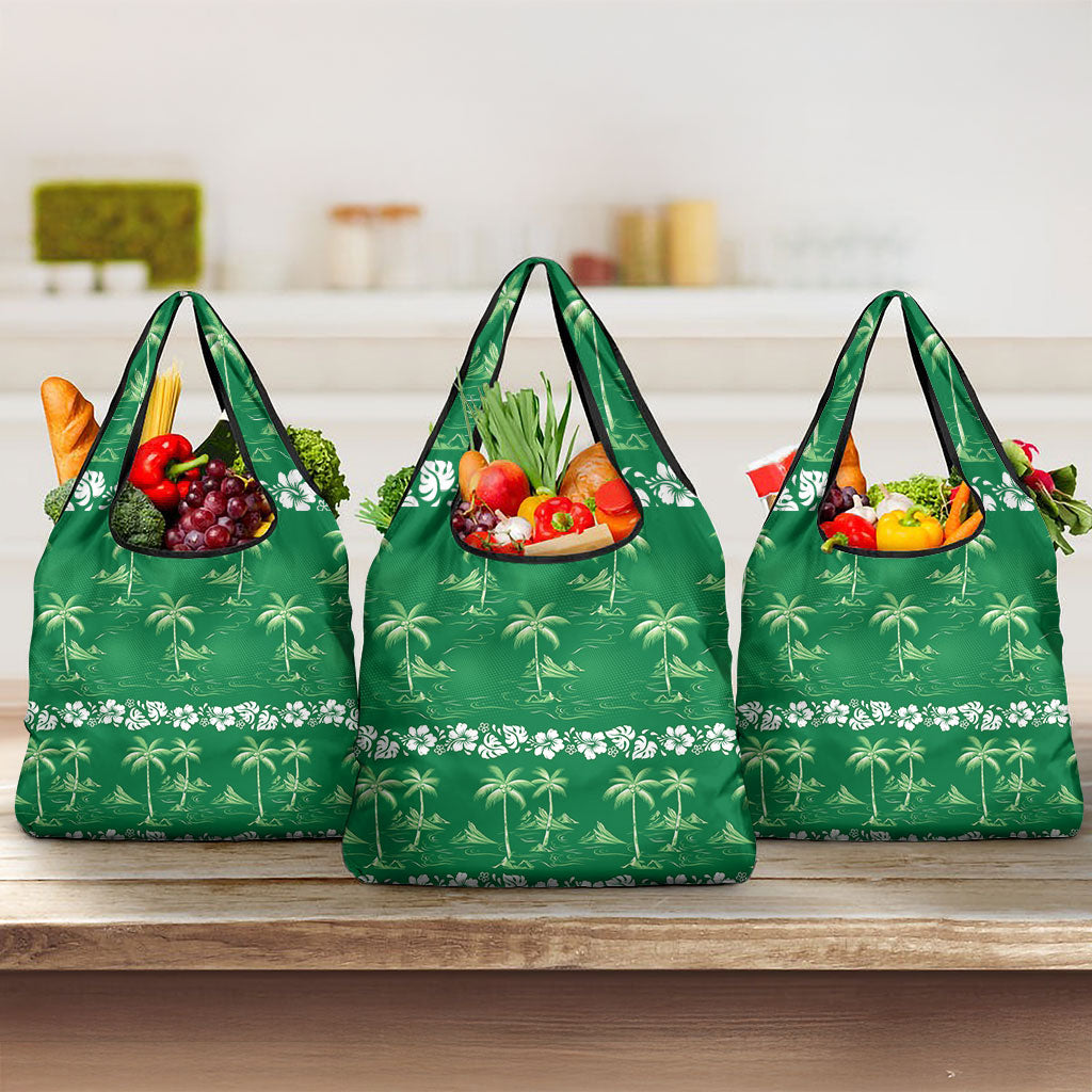 Green Hawaii Palm Tree Hibiscus Grocery Bag Fantasy Summer Vibe LT01 3-pack One Size Green - Polynesian Pride