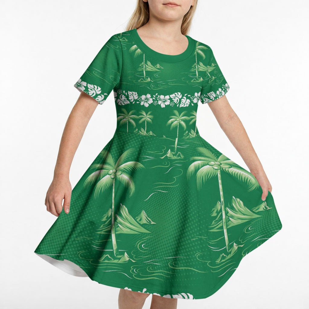 Green Hawaii Palm Tree Hibiscus Kid Short Sleeve Dress Fantasy Summer Vibe LT01 - Polynesian Pride