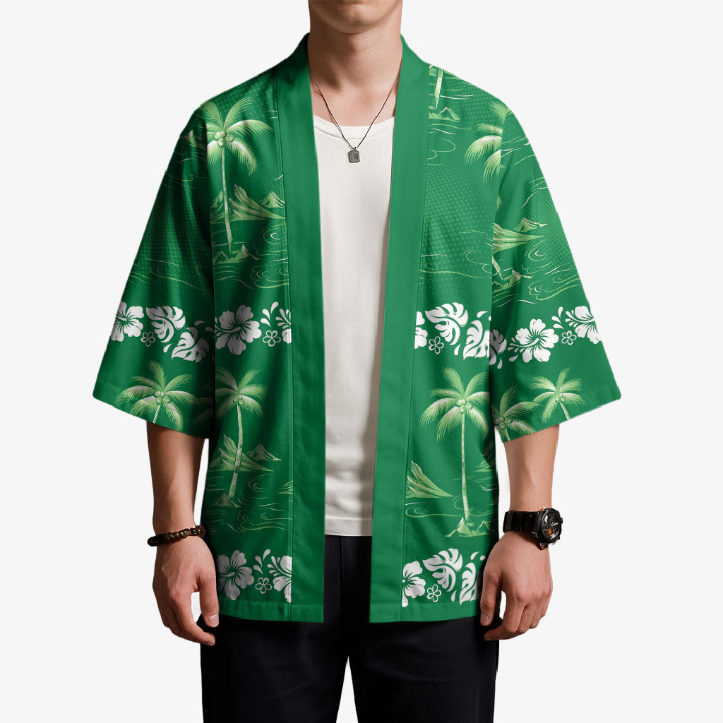 Green Hawaii Palm Tree Hibiscus Kimono Fantasy Summer Vibe LT01 - Polynesian Pride