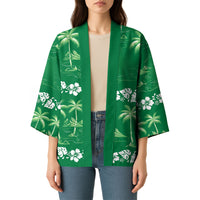 Green Hawaii Palm Tree Hibiscus Kimono Fantasy Summer Vibe LT01 - Polynesian Pride