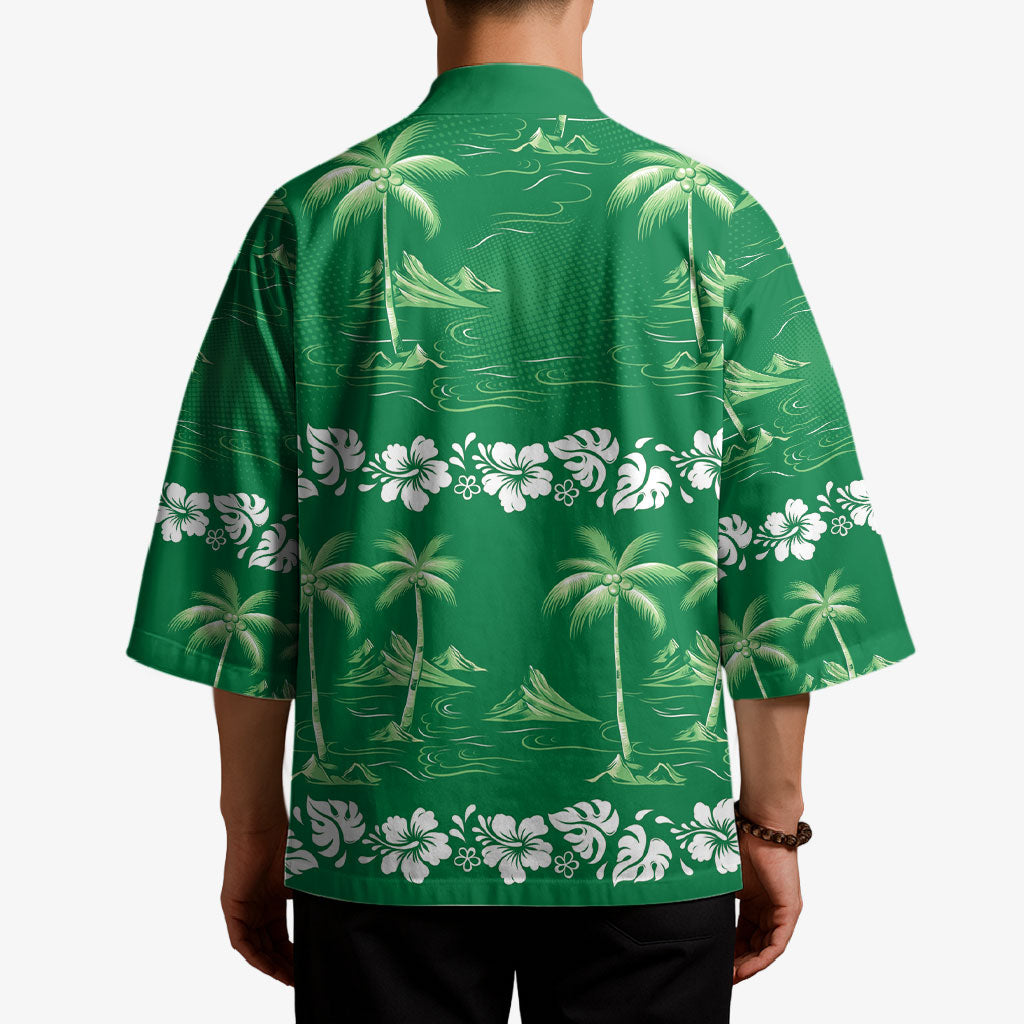 Green Hawaii Palm Tree Hibiscus Kimono Fantasy Summer Vibe LT01 - Polynesian Pride