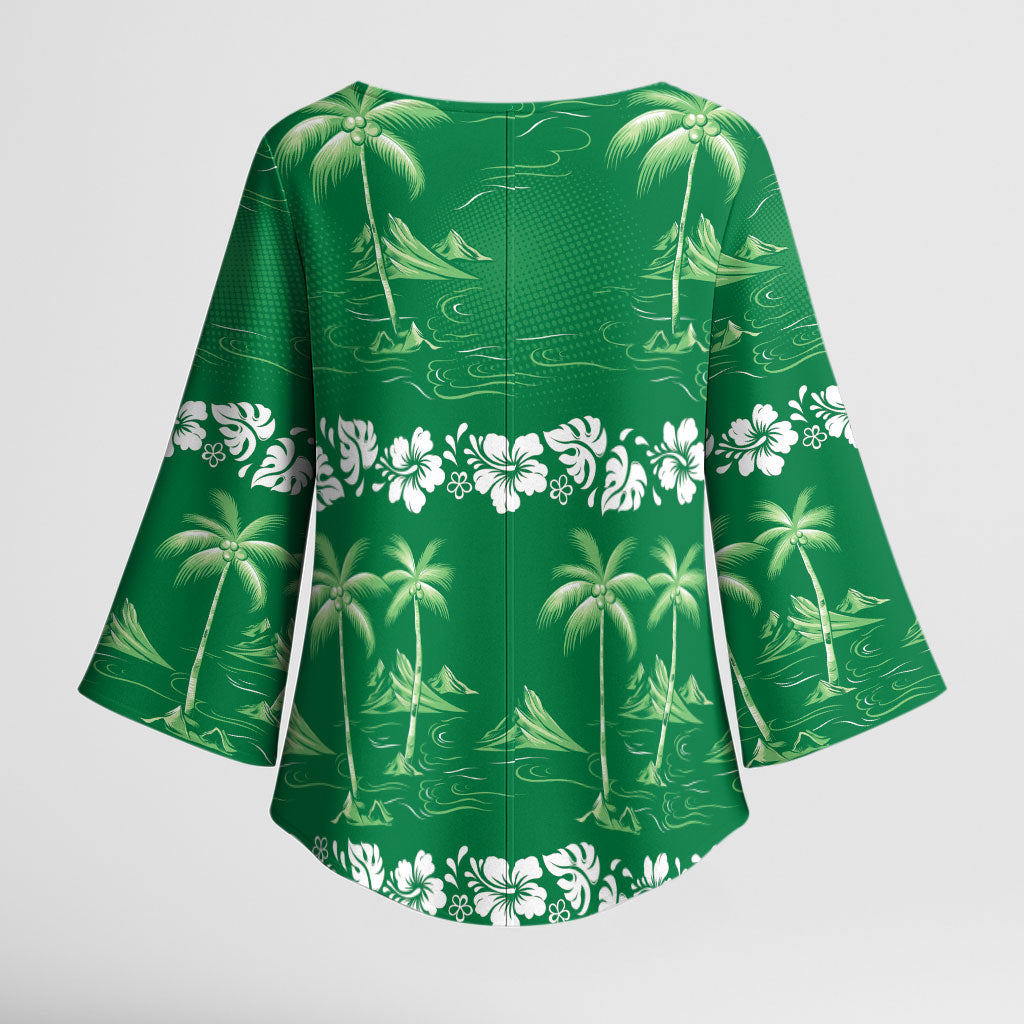 Green Hawaii Palm Tree Hibiscus Kimono Sleeve Blouse Fantasy Summer Vibe LT01 - Polynesian Pride