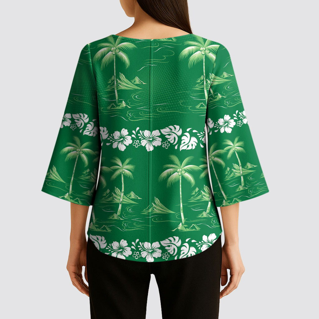 Green Hawaii Palm Tree Hibiscus Kimono Sleeve Blouse Fantasy Summer Vibe LT01 - Polynesian Pride