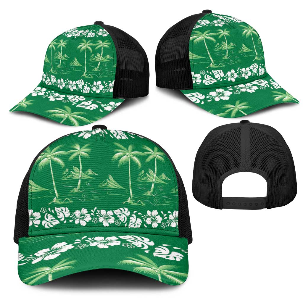Green Hawaii Palm Tree Hibiscus Mesh Trucker Cap Fantasy Summer Vibe