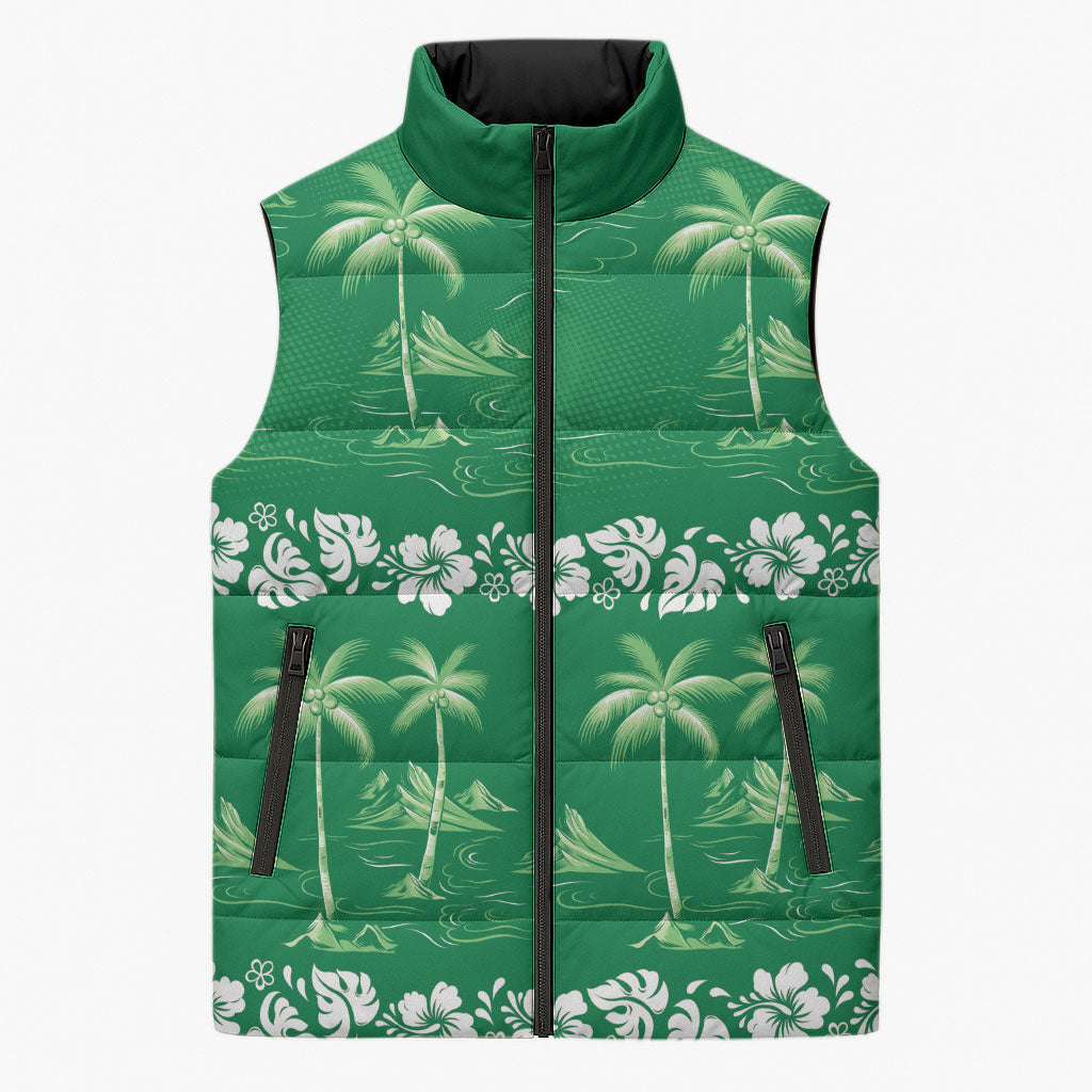Green Hawaii Palm Tree Hibiscus Sleeveless Puffer Jacket Fantasy Summer Vibe LT01 Unisex Green - Polynesian Pride