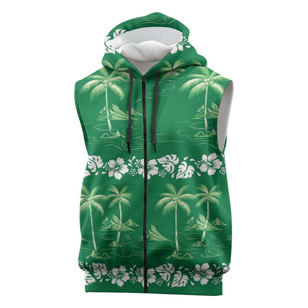 Green Hawaii Palm Tree Hibiscus Sleeveless Zip Hoodie Fantasy Summer Vibe