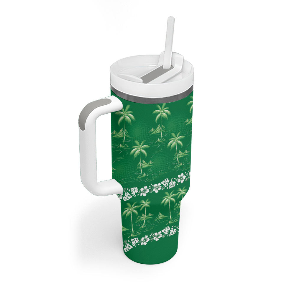 Green Hawaii Palm Tree Hibiscus Tumbler With Handle Fantasy Summer Vibe LT01 - Polynesian Pride