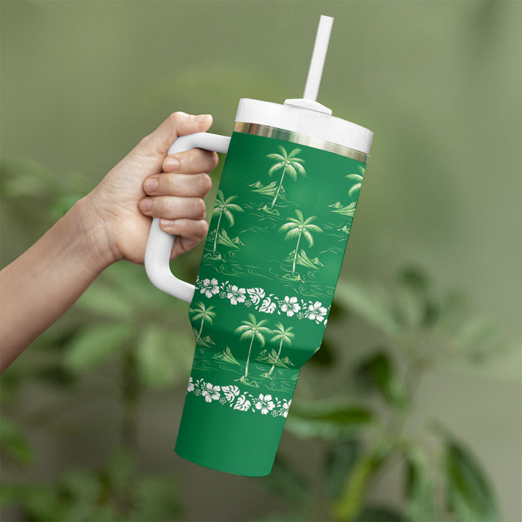 Green Hawaii Palm Tree Hibiscus Tumbler With Handle Fantasy Summer Vibe LT01 - Polynesian Pride