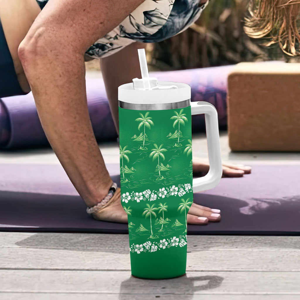 Green Hawaii Palm Tree Hibiscus Tumbler With Handle Fantasy Summer Vibe LT01 - Polynesian Pride