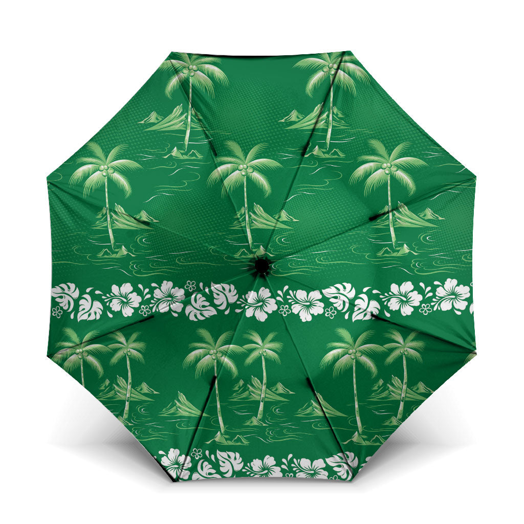 Green Hawaii Palm Tree Hibiscus Umbrella Fantasy Summer Vibe LT01 One Size Folded 11.42 inch Opened Diameter 37.4 inch Green - Polynesian Pride