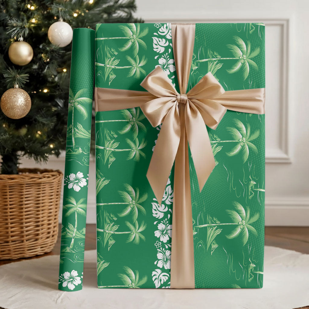 Green Hawaii Palm Tree Hibiscus Wrapping Paper Fantasy Summer Vibe LT01 - Polynesian Pride