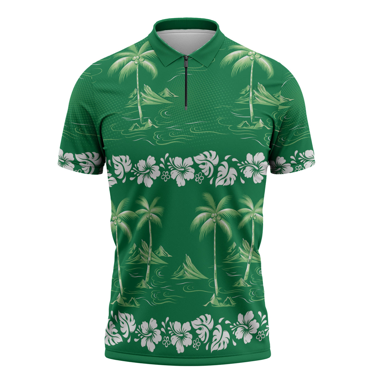 Green Hawaii Palm Tree Hibiscus Zipper Polo Shirt Fantasy Summer Vibe LT01 Green - Polynesian Pride