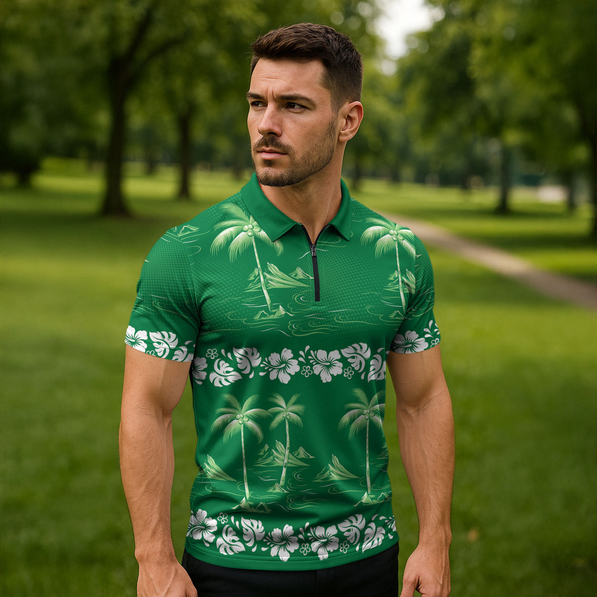 Green Hawaii Palm Tree Hibiscus Zipper Polo Shirt Fantasy Summer Vibe LT01 - Polynesian Pride