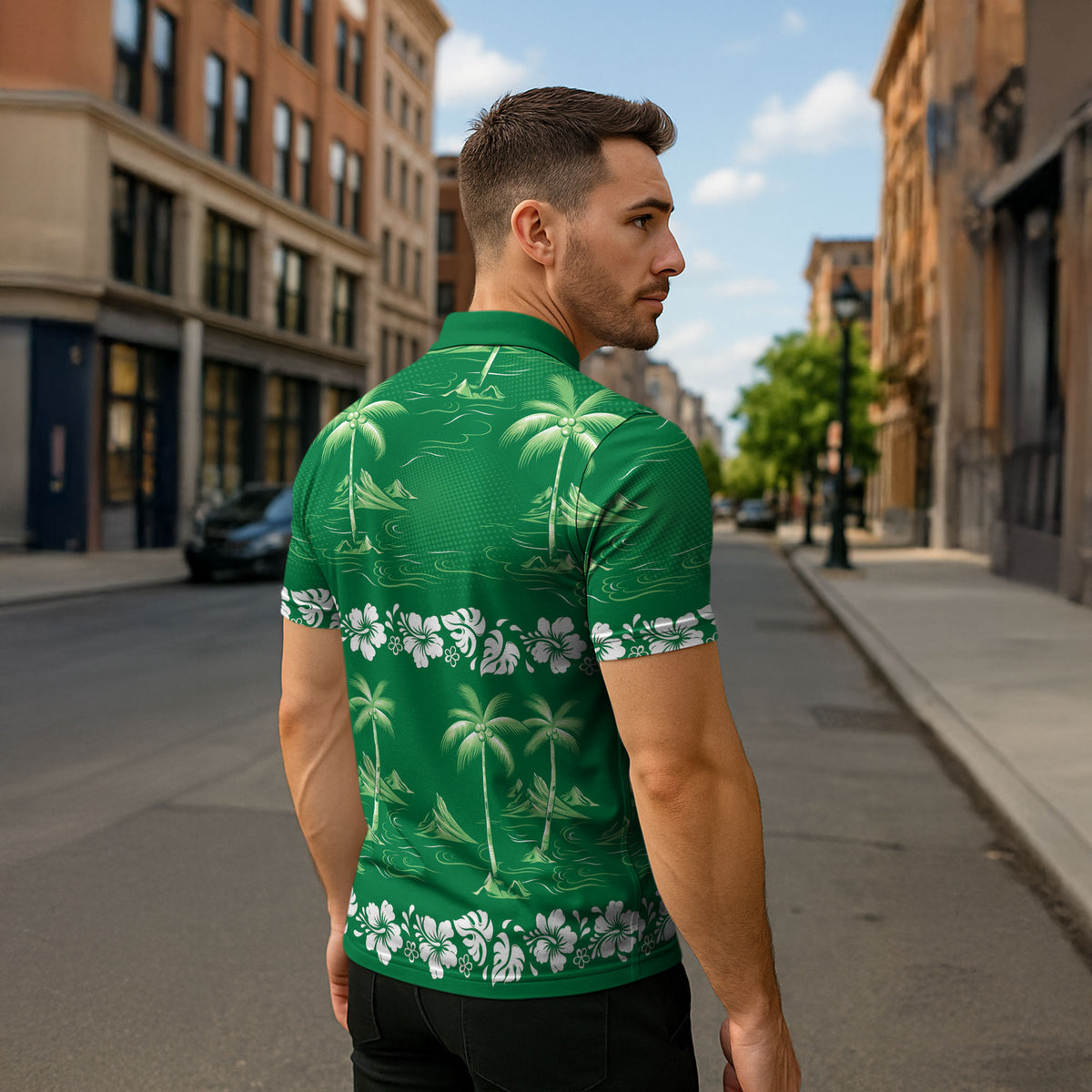 Green Hawaii Palm Tree Hibiscus Zipper Polo Shirt Fantasy Summer Vibe LT01 - Polynesian Pride