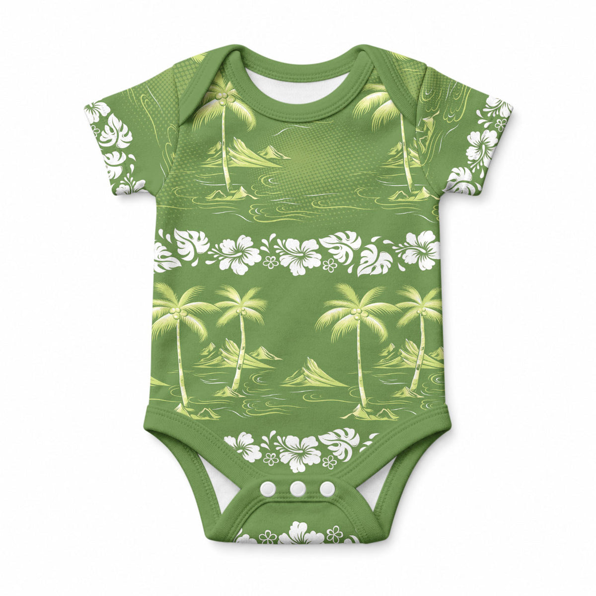 Olive Green Hawaii Palm Tree Hibiscus Baby Onesie Fantasy Summer Vibe