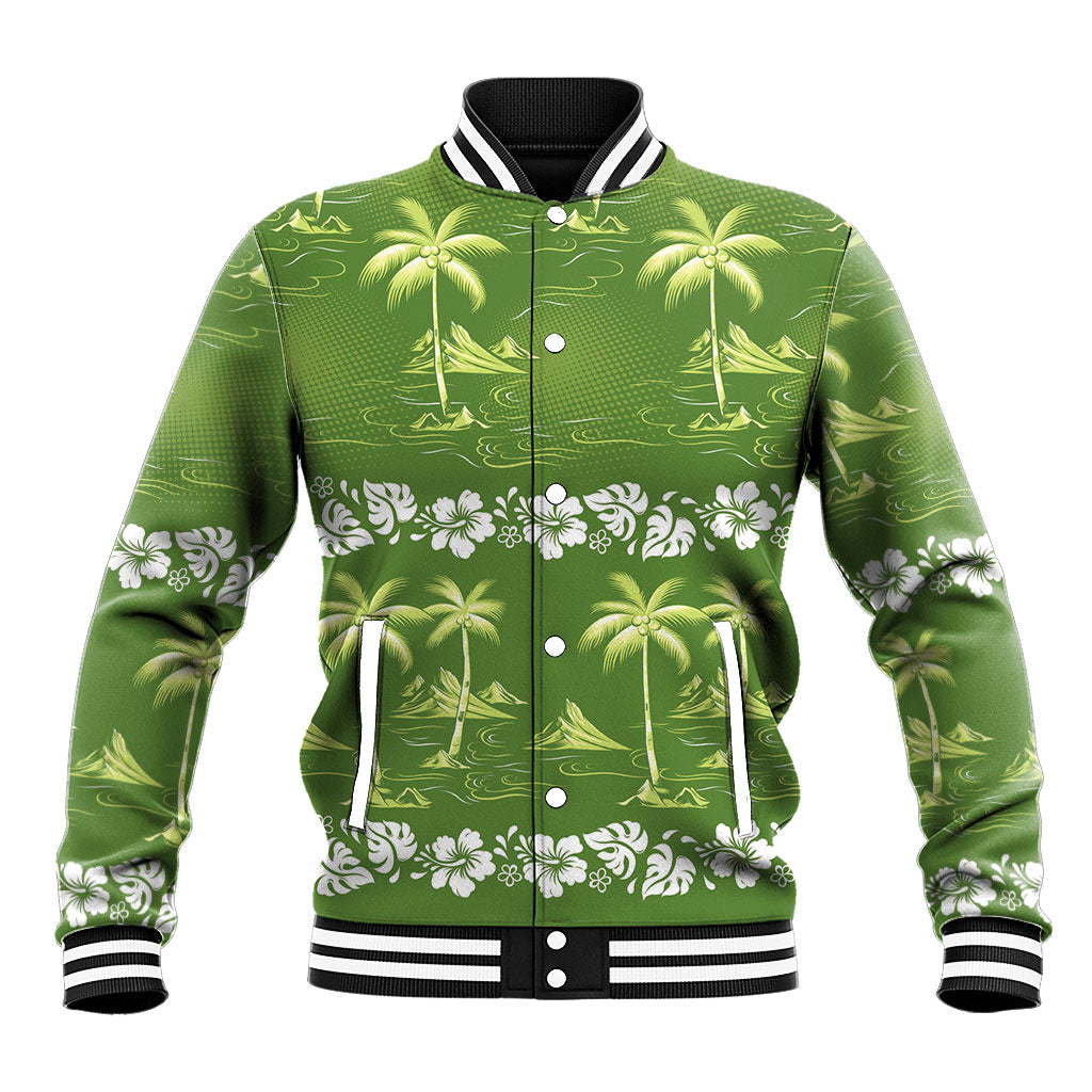Olive Green Hawaii Palm Tree Hibiscus Baseball Jacket Fantasy Summer Vibe