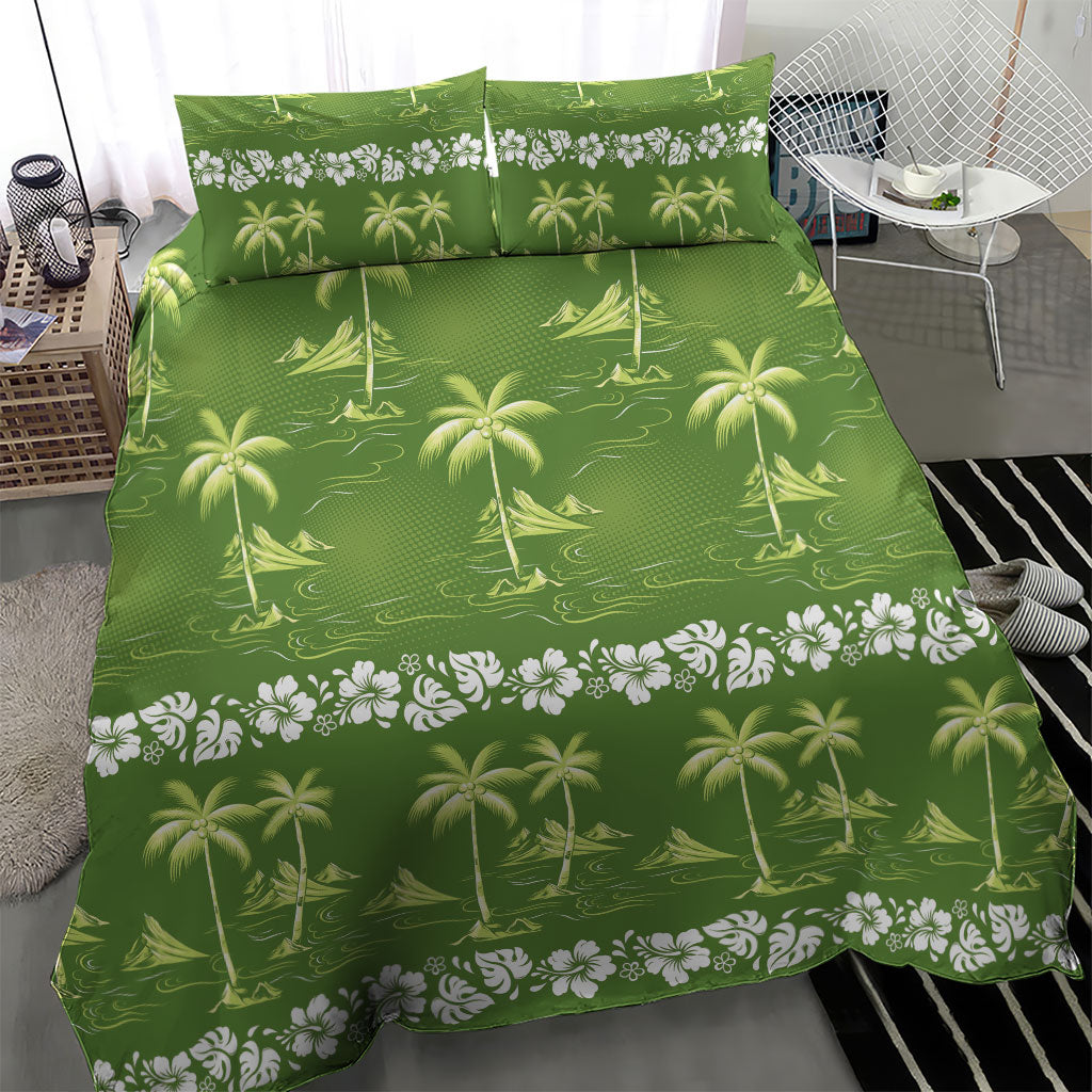 Olive Green Hawaii Palm Tree Hibiscus Bedding Set Fantasy Summer Vibe LT01 - Polynesian Pride