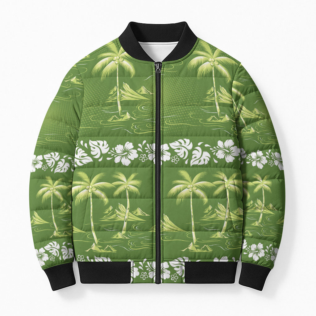 Olive Green Hawaii Palm Tree Hibiscus Bomber Puffer Jacket Fantasy Summer Vibe LT01 Unisex Olive - Polynesian Pride