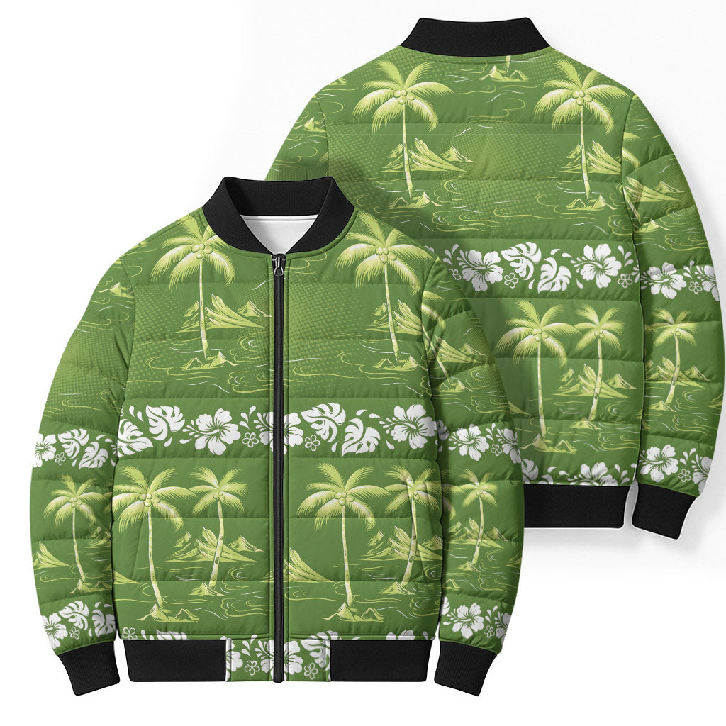 Olive Green Hawaii Palm Tree Hibiscus Bomber Puffer Jacket Fantasy Summer Vibe LT01 - Polynesian Pride