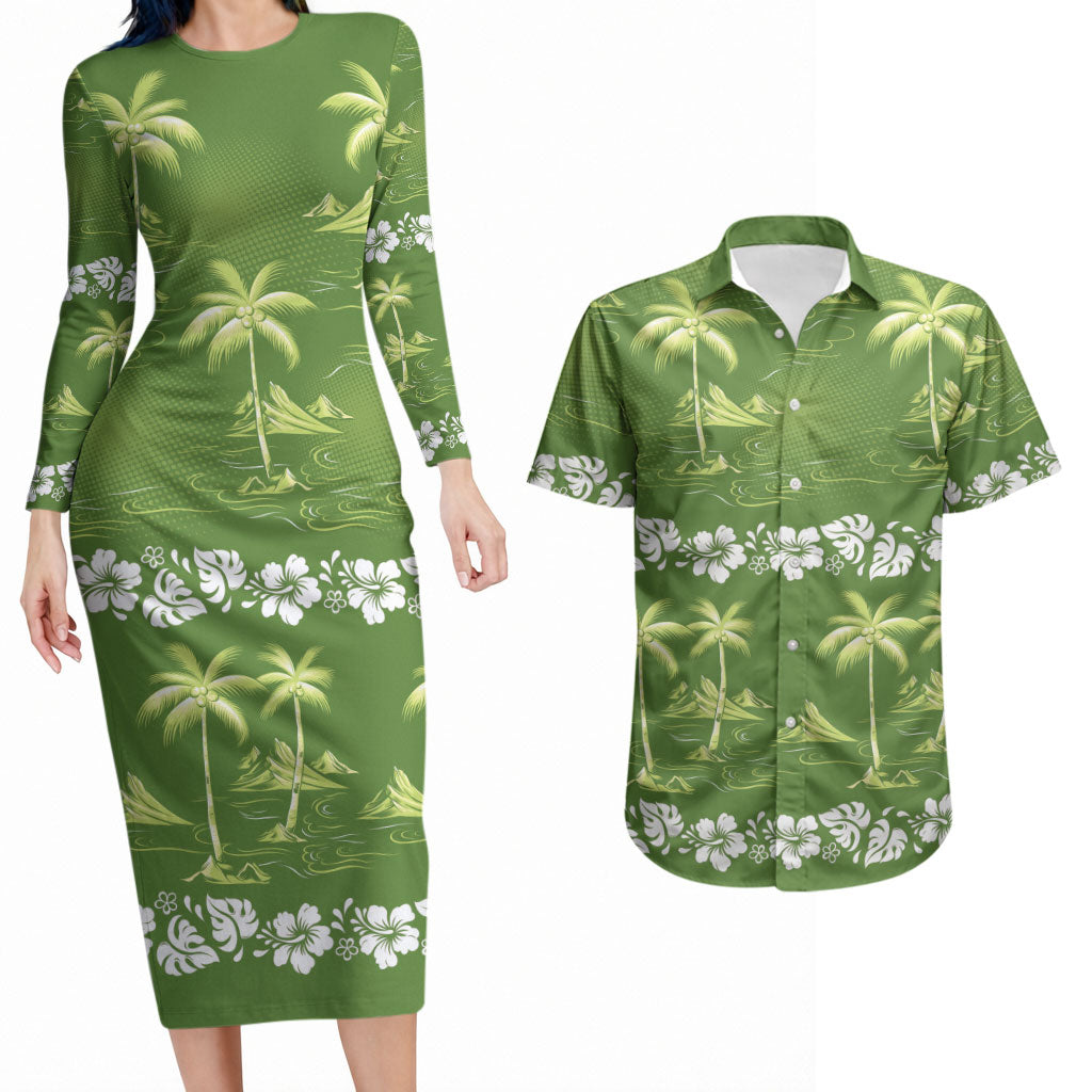Olive Green Hawaii Palm Tree Hibiscus Couples Matching Long Sleeve Bodycon Dress and Hawaiian Shirt Fantasy Summer Vibe
